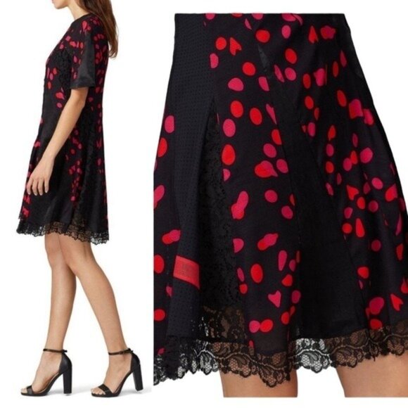 KOCHE Twisted Dotted Lace Mini Dress XS Black Red Mesh Satin Panel Sheer - Picture 3 of 15